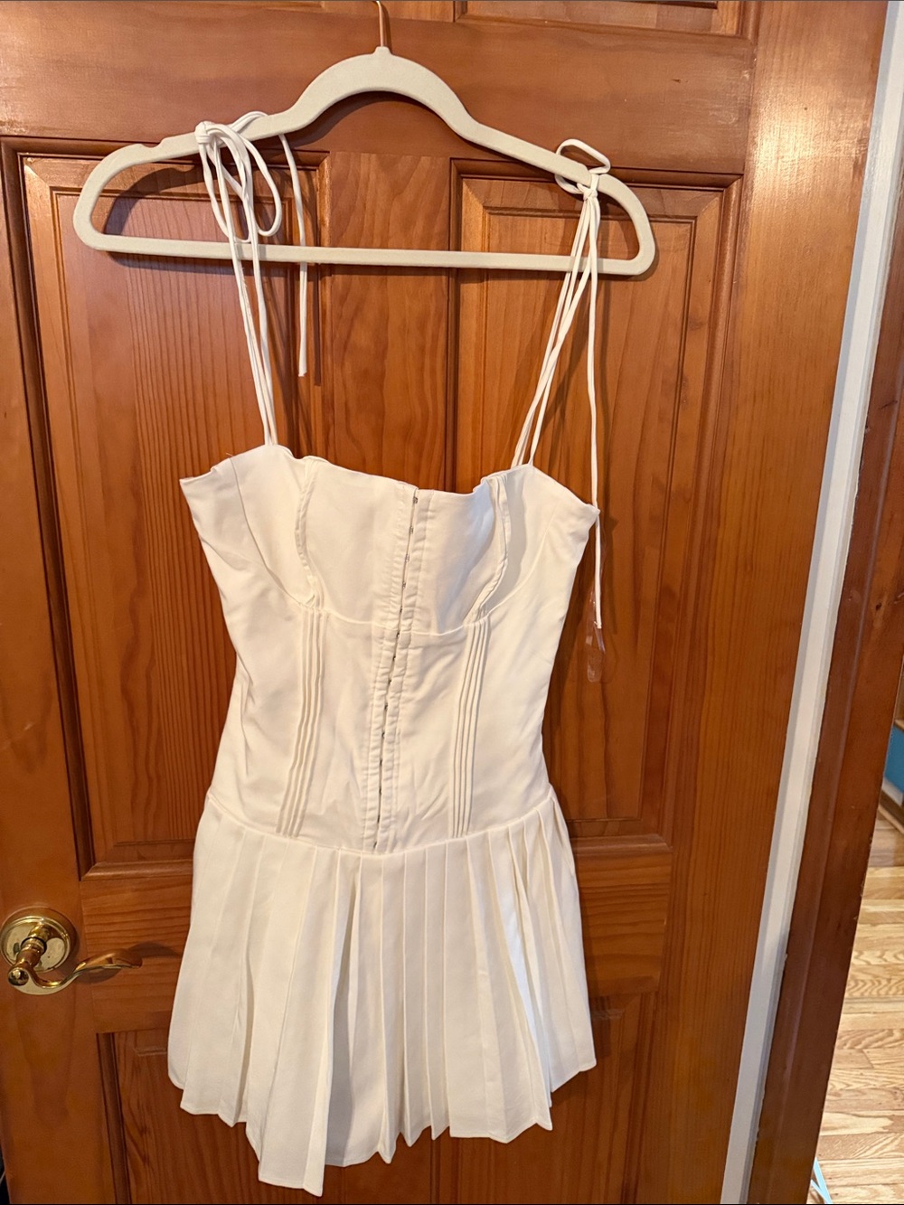 House of CB White Tie-Shoulder Pleated Mini Dress